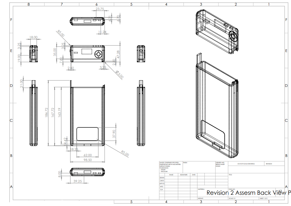Engineering drawing of The Lockbox — revision 2 assembly, back view