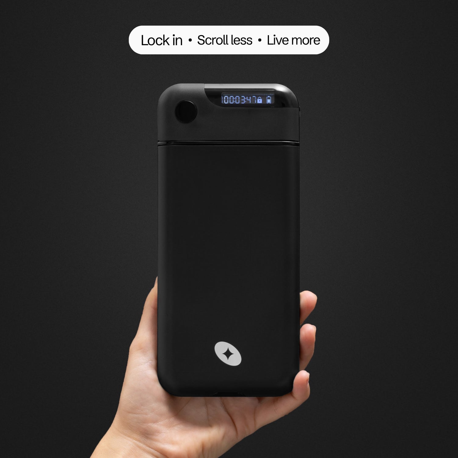 The Lockbox held in one hand — lock in, scroll less, live more